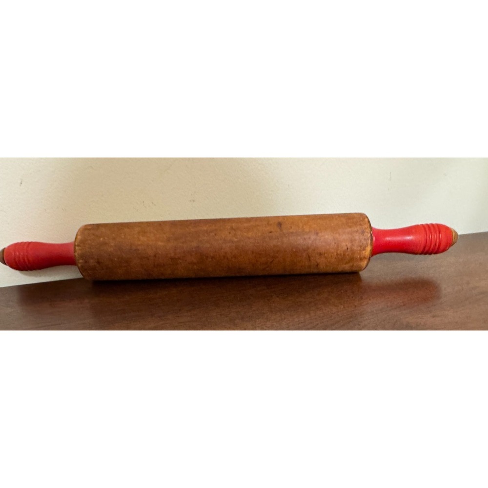 Antique Wood Rolling Pin Painted Red Handles 17.5" Primitive Farmhouse Kitchen